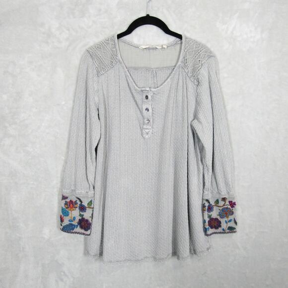 Soft Surroundings Sweater Womens Large Gray Embroidered Floral Cuffs Boho India - Picture 1 of 10